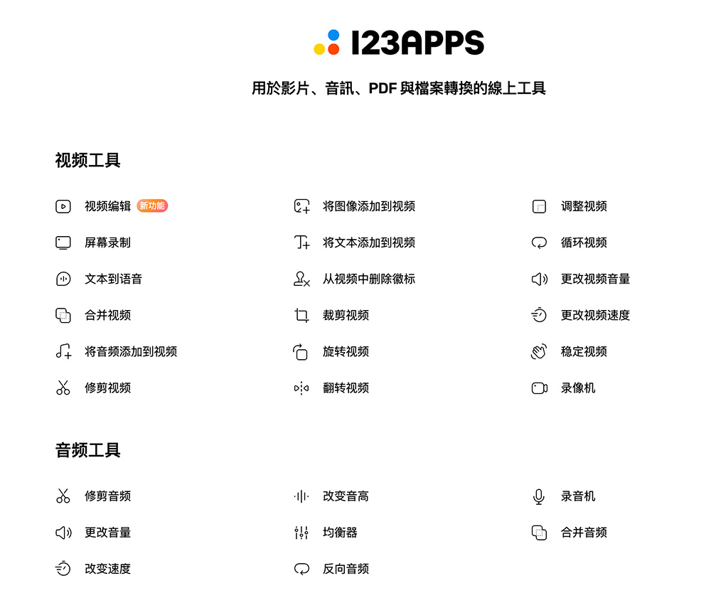 123apps官网：一个免费的视频处理、音频处理、PDF转换在线处理工具