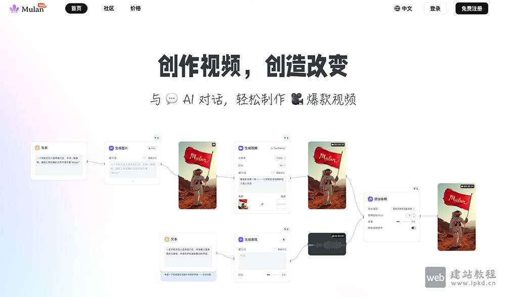 Mulan：集成了视频剪辑/人物替换/音乐音效生成/对口型等AI视频创作平台